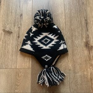 Prana winter knit beanie with flaps and pom